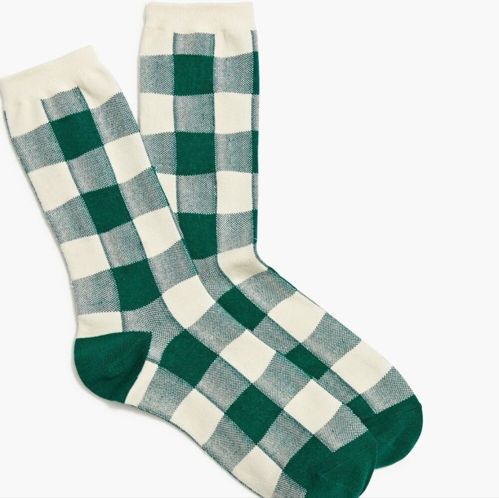 J.Crew Green Gingham Plaid Trouser Socks NWT Cotton Blend Print One Size